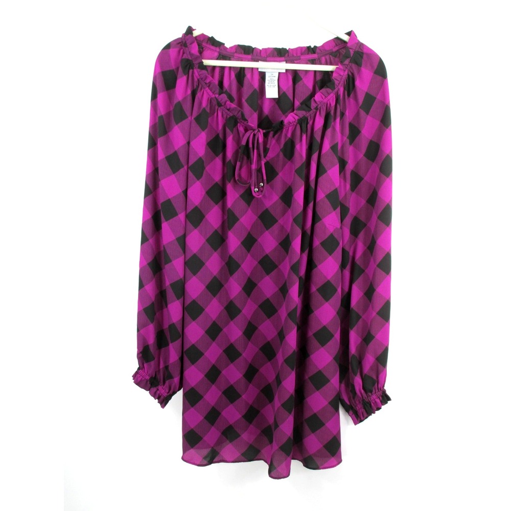 Catherines Purple Black Gingham Tunic Blouse 2X Plus Puff Sleeve Boho Top
